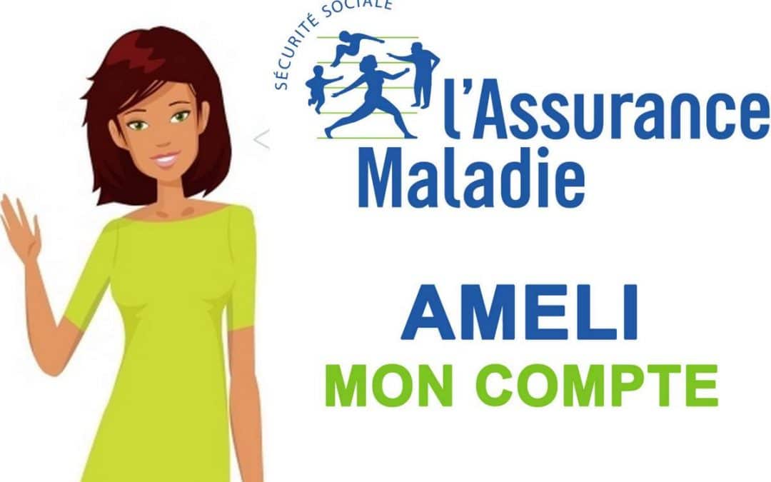 Illustration d'une femme à côté du logo Ameli et du texte pour accéder au compte.