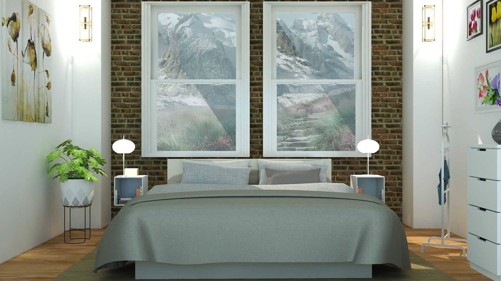 Chambre moderne avec un grand lit adapté à vos besoins, des murs de brique et des fenêtres avec vue sur la montagne.
