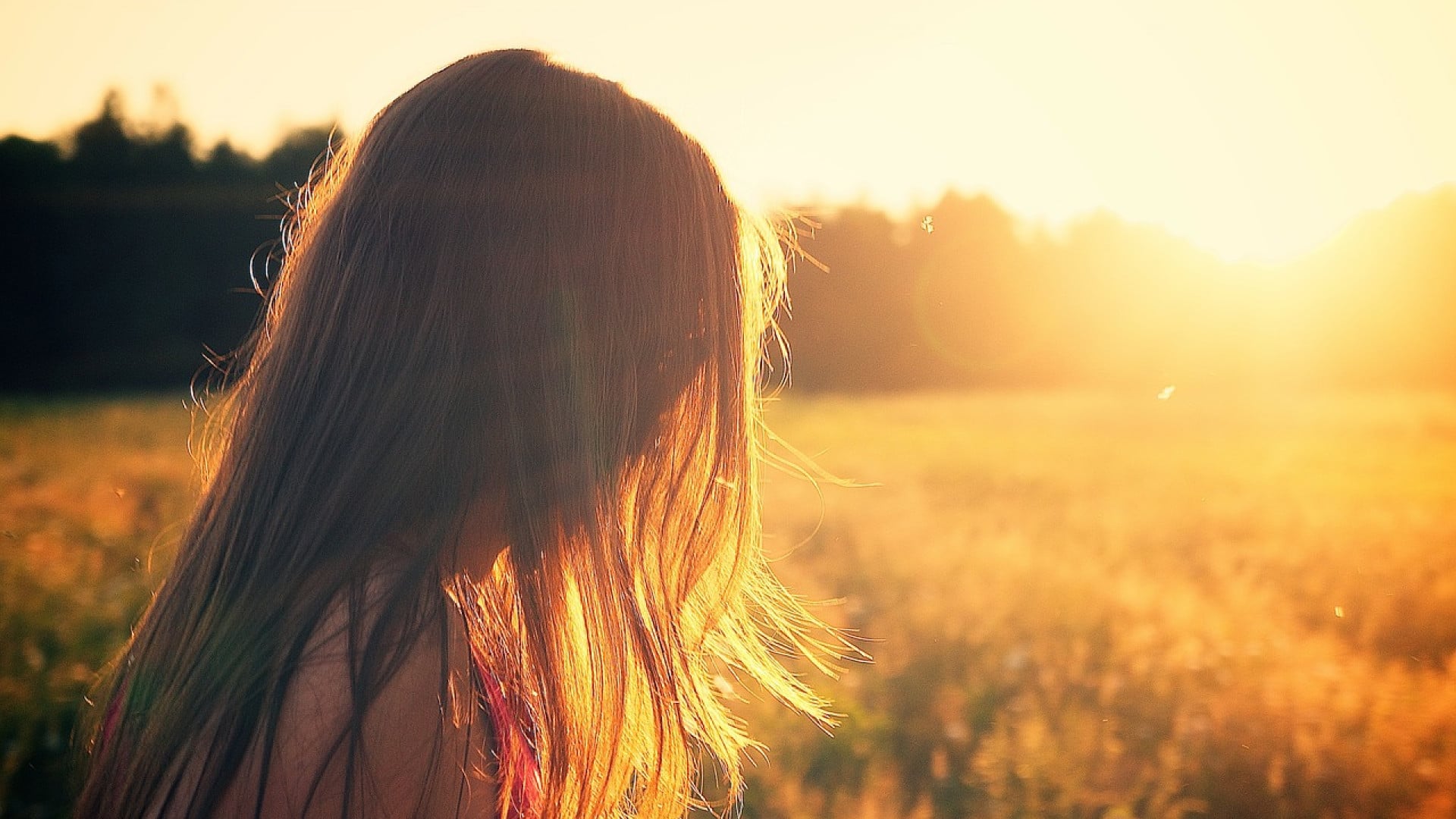Femme regardant un coucher de soleil sur un champ, ses cheveux, préalablement éclaircis par la chute des cheveux, teintés par la lumière chaude.