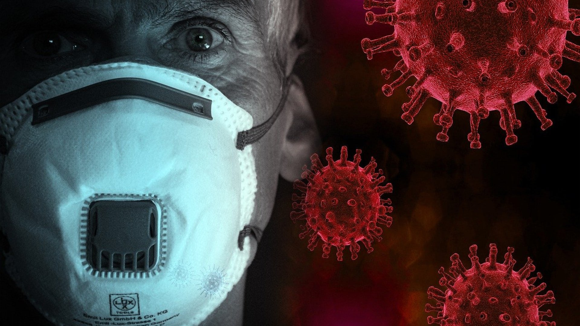 Une personne portant un masque de protection juxtaposée à des images de particules virales, symbolisant la protection de la santé contre les maladies infectieuses pour protéger la santé des salariés.