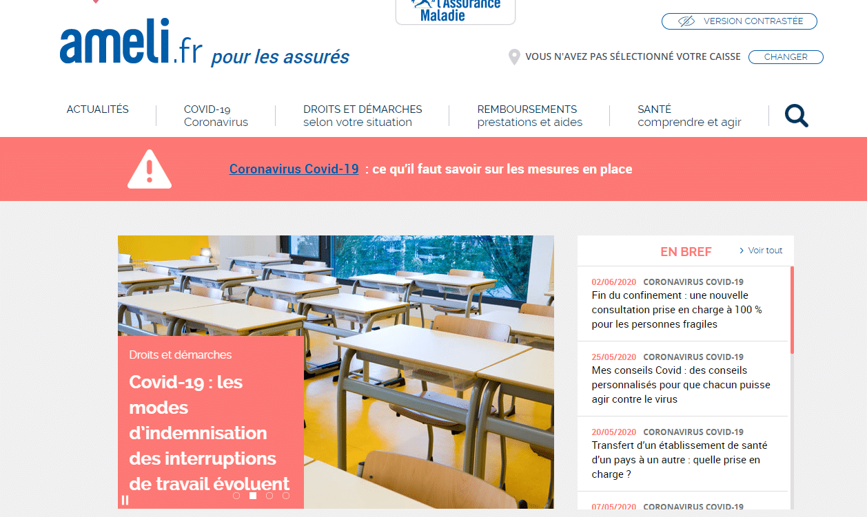 Une capture d'écran du site "ameli.fr", présentant un article sur les indemnités d'arrêt de travail liées au covid-19 avec l'image d'une salle de classe vide. Pourquoi créer un compte Ameli ?