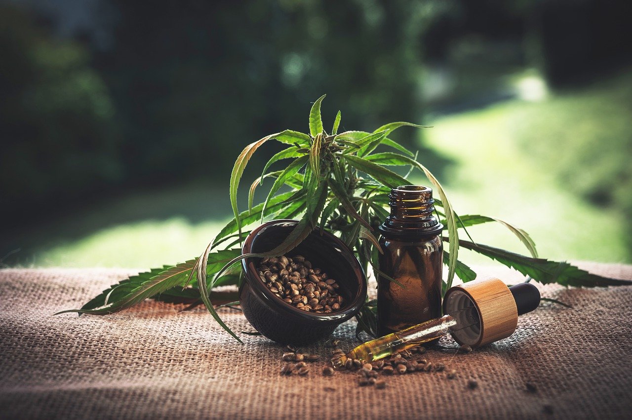 Plante de cannabis avec graines, huile essentielle et compte-gouttes sur une surface en toile de jute.