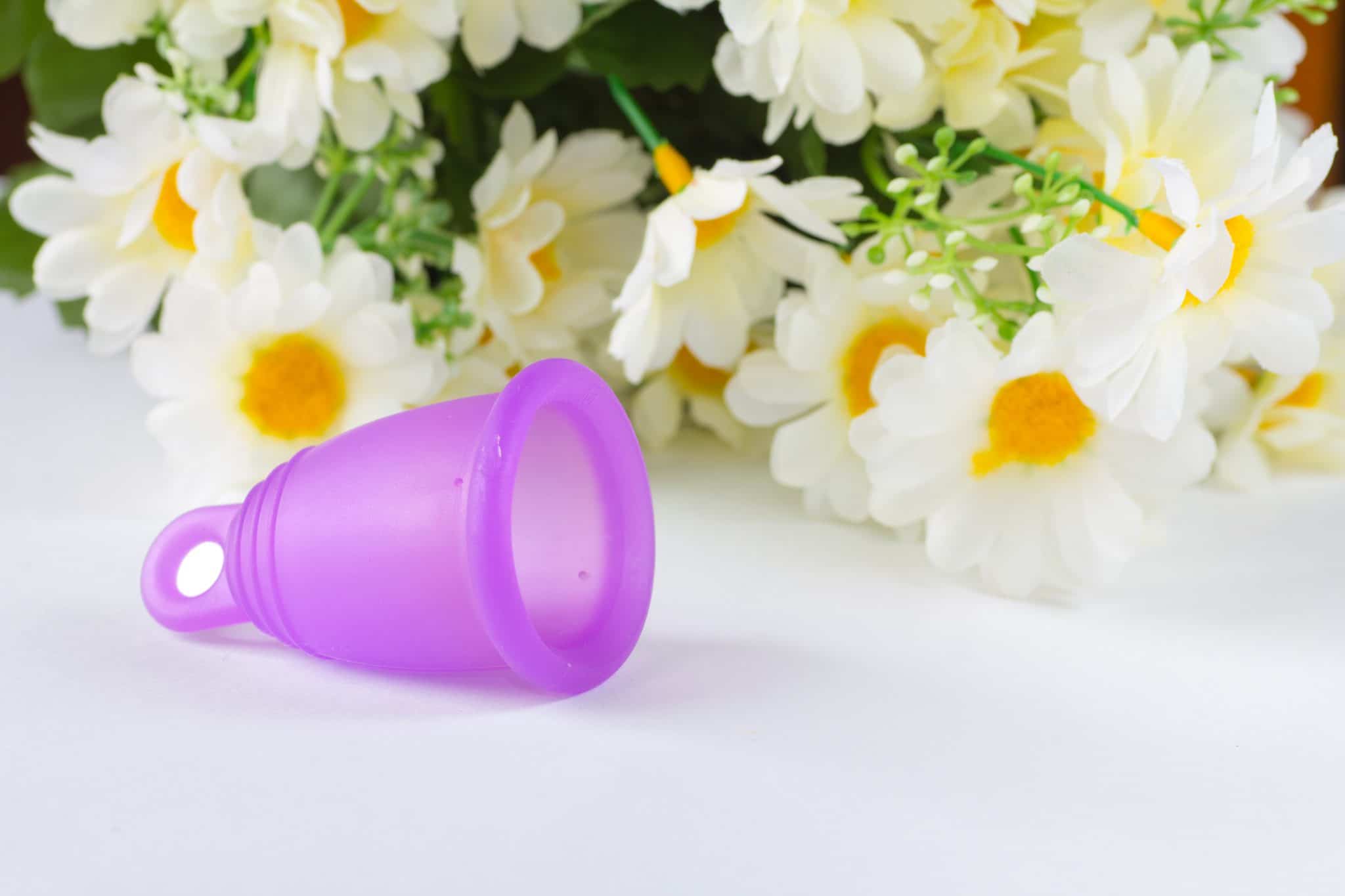 Une coupe menstruelle violette, une alternative pour les personnes allergiques aux serviettes hygiéniques, devant un bouquet de fleurs blanches et jaunes.