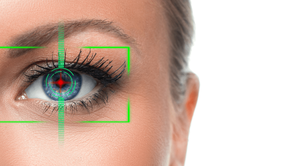 Oeil de femme avec une ligne verte, représentant une correction de l'astigmatisme au laser.